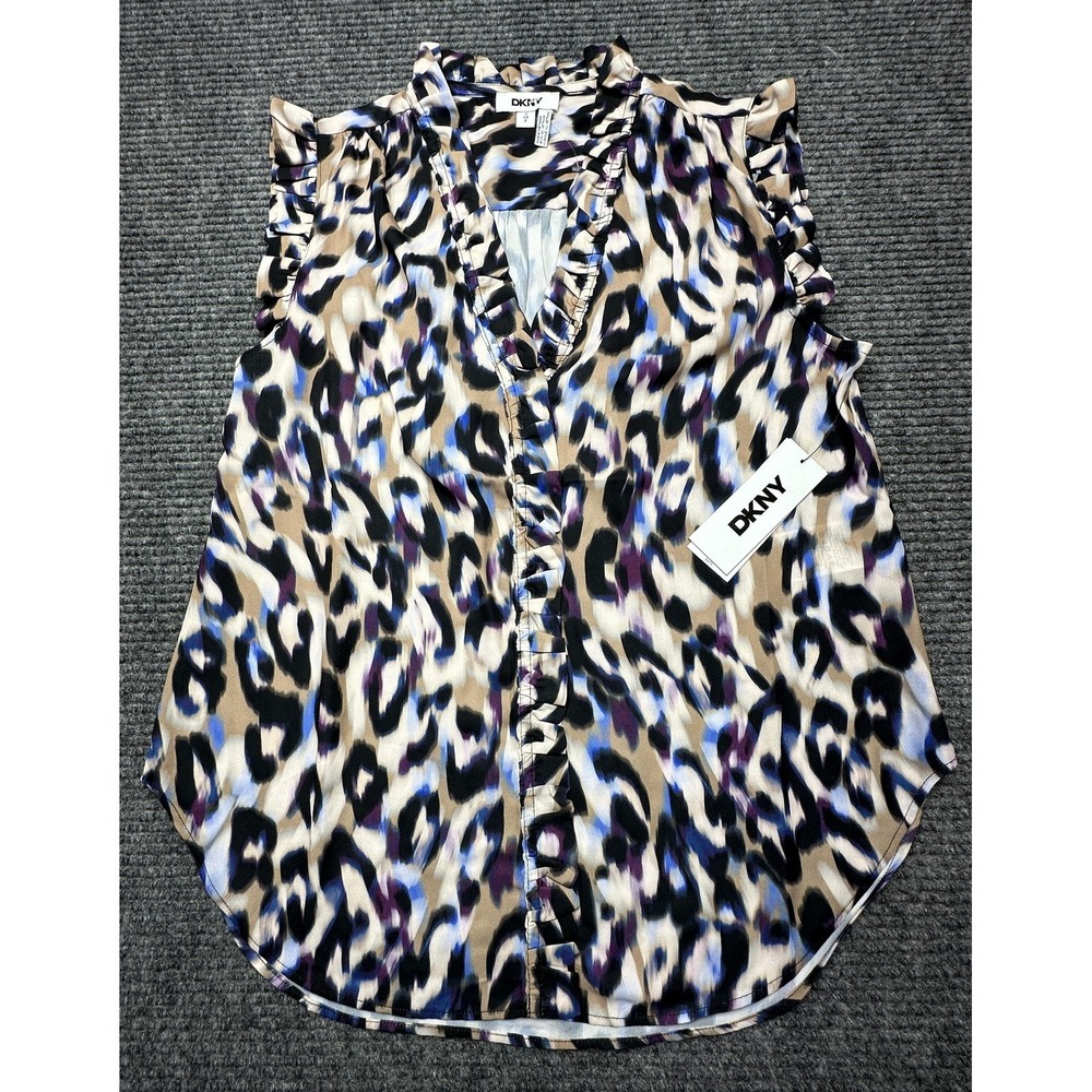 DKNY‎ Blouse Womens Small Multicolor Animal Print Ruffle V Neck Sleeveless New